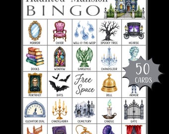May include: A Haunted Mansion BINGO game card featuring 25 grid squares with watercolor illustrations of spooky items like a mirror, chair, ghosts, tree, hearse, books, window, gargoyle, chandelier, portrait, bats, bell, armor, elevator dial, candelabra, cemetery, candle, gate, staircase, guest log, pocket watch, victrola, and curtains.