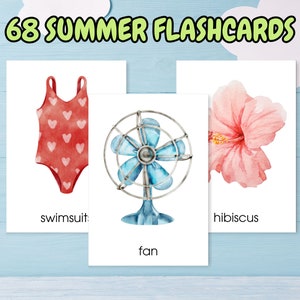 68 Flashcards di vocabolario estivo con acquerelli per bambini; Flashcard di apprendimento per bambini; Flashcard stampabili; Flashcard estive; Flashcard delle prime parole