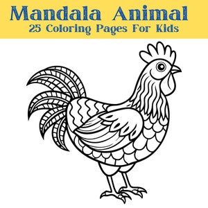 May include: Black and white line art illustration of a rooster with intricate mandala patterns. The rooster is facing right with its head turned to the left. The rooster has a large comb and wattles. The tail feathers are long and flowing. The illustration is perfect for coloring pages.