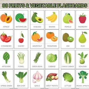 88 Fruits and Vegetables Vocabulary Flashcards; Printable Kids Flash Cards; Homeschool Worksheet; Preschool Learning; Montessori Flashcards