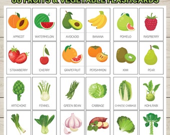 88 Fruits and Vegetables Vocabulary Flashcards; Printable Kids Flash Cards; Homeschool Worksheet; Preschool Learning; Montessori Flashcards