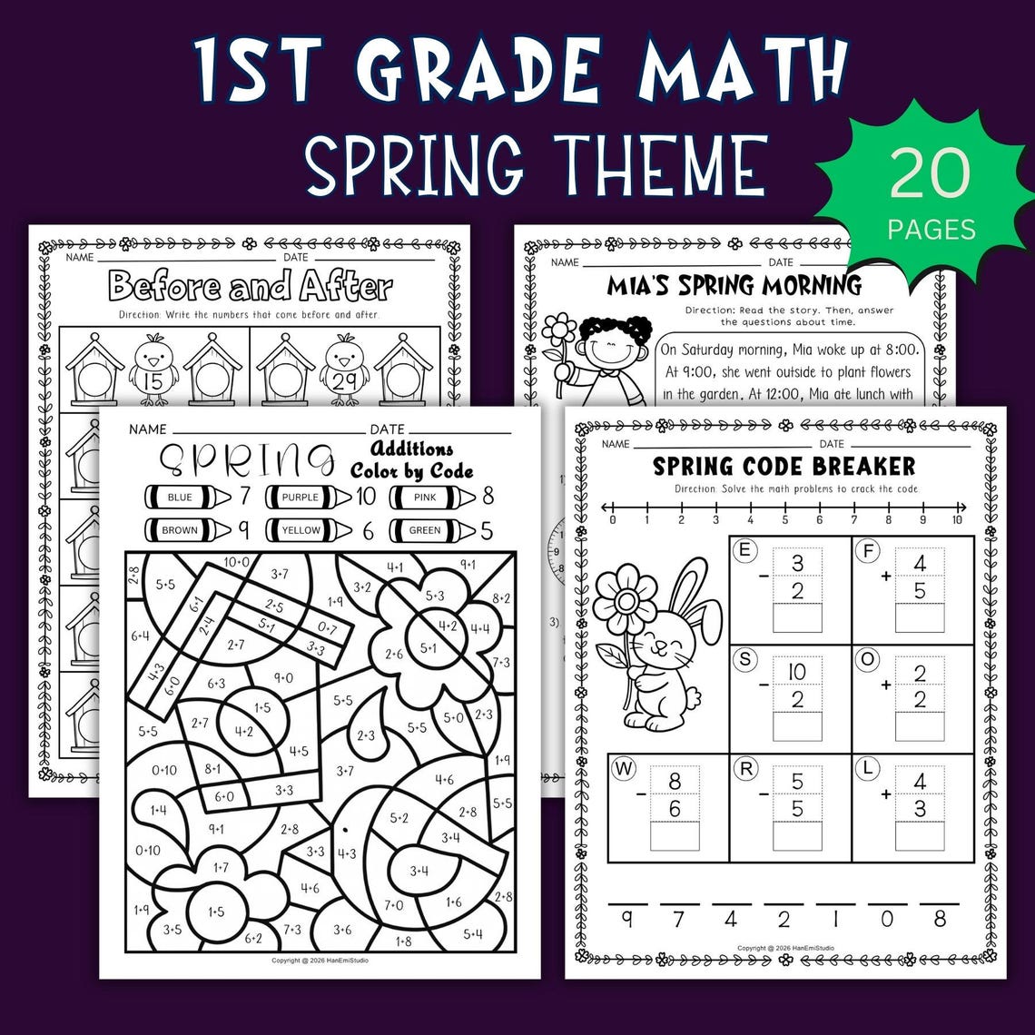 Spring First Grade Math Bundle Printable; 1st Grade Math Review Packet ...