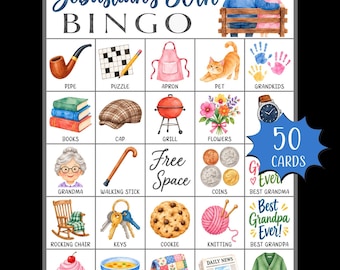 Juego de bingo imprimible para el cumpleaños de Sebastián; Actividad divertida para el Día de los Abuelos para niños y familia; Bingo para personas mayores; Noche de juegos familiar imprimible