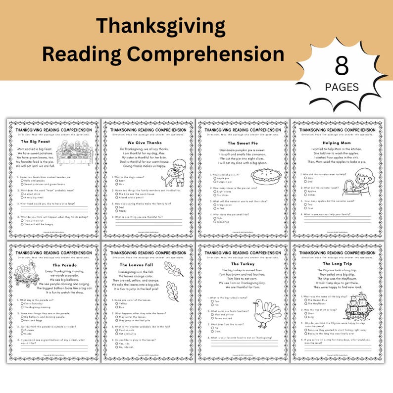 Thanksgiving Reading Comprehension Worksheets; First Grade Reading ...