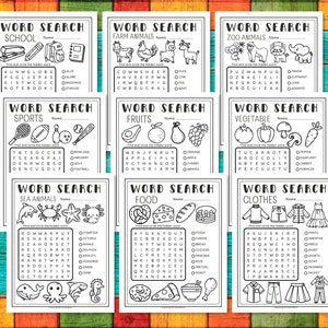 May include: A set of ten black and white word search puzzles for kids. Each puzzle features a different theme, such as school, farm animals, zoo animals, sports, fruits, vegetables, sea animals, food, and clothes. The puzzles are designed to help children learn new vocabulary words and improve their reading and spelling skills.