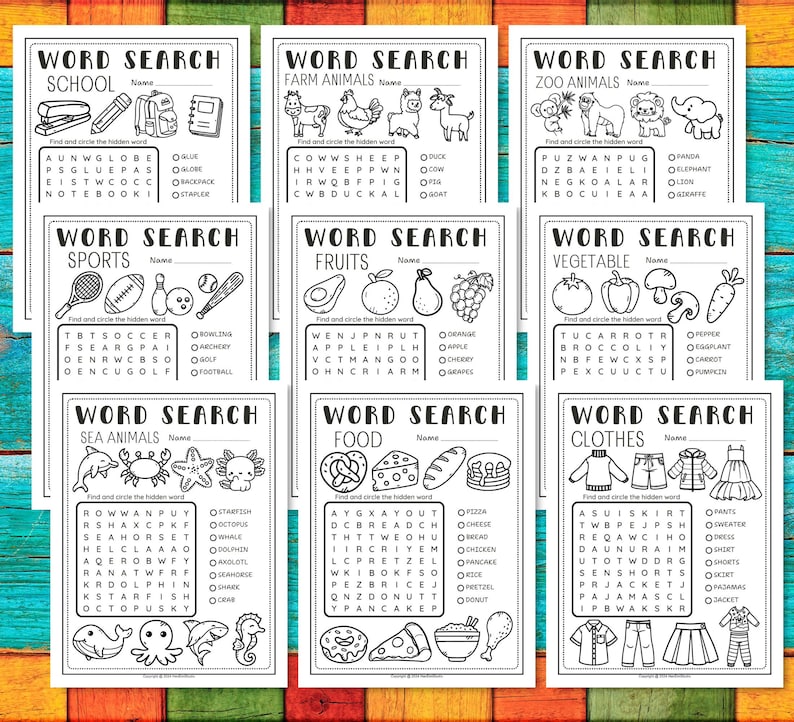 May include: A set of ten black and white word search puzzles for kids. Each puzzle features a different theme, such as school, farm animals, zoo animals, sports, fruits, vegetables, sea animals, food, and clothes. The puzzles are designed to help children learn new vocabulary words and improve their reading and spelling skills.