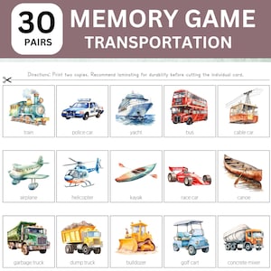 30 paires de jeux de mémoire sur les transports ; Cartes assorties pour le transport ; Jeu de mémoire de véhicule ; Jeux de mémoire pour enfants ; Jeux de mémoire pour personnes âgées