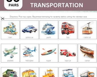 30 Pairs Transportation Memory Game; Transportation Matching Cards; Vehicle Memory Game; Memory Games for Kids; Memory Games for Seniors