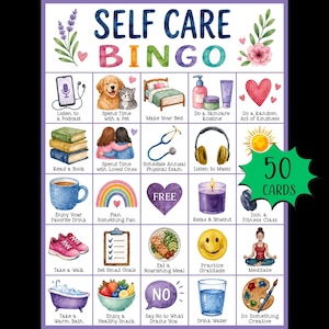 Può includere: Una scheda di gioco "Self Care Bingo" in stile acquerello con un bordo viola. La scheda presenta illustrazioni di attività di cura di sé come ascoltare musica, fare un bagno e gustare uno spuntino sano. La scheda include il testo "50 Carte".
