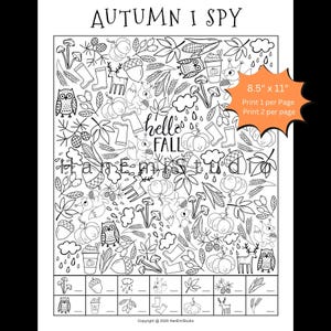 May include: An Autumn I Spy activity sheet featuring black and white line art of pumpkins, owls, squirrels, acorns, and rain clouds. The text reads Autumn I Spy, hello FALL, and HanEmiStudio. An orange starburst graphic states 8.5" x 11".
