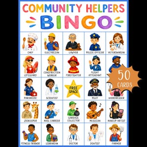 Puede incluir: Un tablero de juego de bingo Community Helpers con una cuadrícula de ilustraciones coloridas de diversas profesiones, que incluyen un chef, electricista, abogado, policía, veterinario, salvavidas, trabajador de la construcción y bombero.
