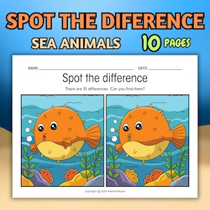 10 Sea Animal Spot the Difference Worksheets for PreK and Kindergarteners; Spot the Differences Activity; Find the Difference Worksheets;