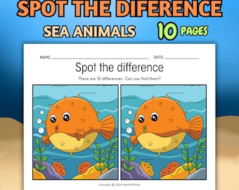 10 Sea Animal Spot the Difference Worksheets for PreK and Kindergarteners; Spot the Differences Activity; Find the Difference Worksheets;