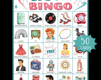 1950s Bingo Game Printable; Retro 50s Party Game; Vintage Bingo Cards; Fifties Theme Birthday Activity; Nostalgic Bingo; Senior Activities