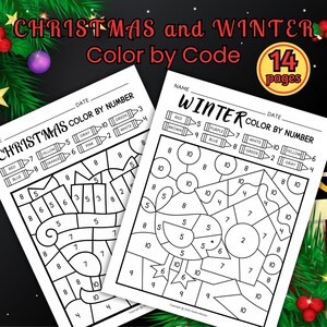 14 Winter and Christmas Color by Number (1 – 10); Christmas Math; Winter Math; Coloring Page for Kids; Color by Code; Number Recognition