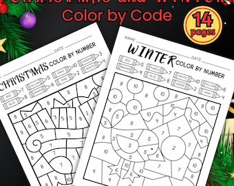 14 Dibujos para colorear por números de invierno y Navidad (1-10); Matemáticas navideñas; Matemáticas de invierno; Dibujos para colorear para niños; Colorear por código; Reconocimiento de números