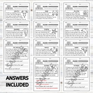May include: A set of educational worksheets with sea animal reading comprehension questions. Includes axolotls, crabs, jellyfish, seahorses, starfish, dolphins, sea turtles, whales, sharks, and octopuses. Answers are included.
