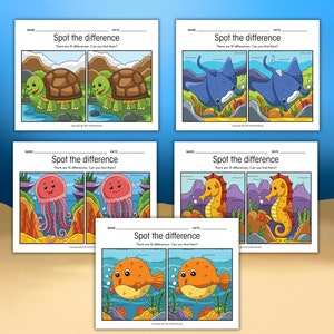 May include: Five printable worksheets with the text "Spot the difference" and images of sea creatures. Each worksheet has two images of the same sea creature with 10 differences between them. The sea creatures include a turtle, a stingray, a jellyfish, a seahorse, and a pufferfish.