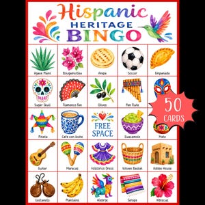 Puede incluir: Una tarjeta de juego de bingo Hispanic Heritage con un título colorido, una ilustración de colibrí y una cuadrícula de 5x5 con iconos de acuarela que incluyen una planta de agave, calavera de azúcar, guitarra, maracas y 50 cards en una estrella.