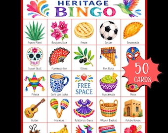 Jogo de Bingo para Imprimir do Mês da Herança Hispânica; Atividade para Festa da Cultura Latina; Jogo Educativo para Sala de Aula; Bingo de Festa; Jogo de Bingo para Sala de Aula