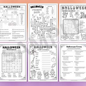 May include: A printable Halloween activity booklet with black and white illustrations. The booklet includes a crossword puzzle, word search, word scramble, and trivia game. The pages are decorated with pumpkins, bats, ghosts, and witches.