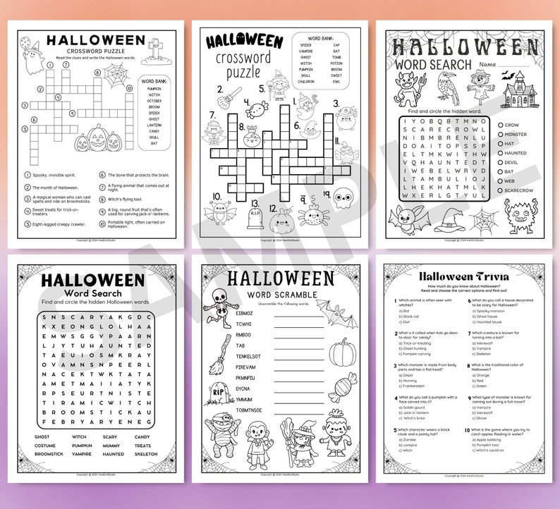 May include: A printable Halloween activity booklet with black and white illustrations. The booklet includes a crossword puzzle, word search, word scramble, and trivia game. The pages are decorated with pumpkins, bats, ghosts, and witches.