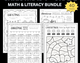 May include: A bundle of Christmas-themed worksheets for 1st grade students. The worksheets include coloring pages, mixed facts, and color-by-sight-word activities. The bundle includes 40 pages of math and literacy exercises.
