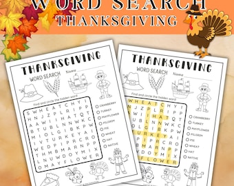 May include: Two black and white printable Thanksgiving word search puzzles. Each puzzle features a pilgrim, a ship, a hat, wheat, a turkey, and a pie. The words to find are: cranberry, turkey, mayflower, pilgrim, pie, wheat, hat, and native.