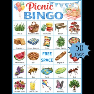 Op de afbeelding: Een picknick-bingokaart met illustraties van picknickartikelen zoals een mand, watermeloen en taart. De titel "Picnic BINGO" staat bovenaan. De kaart bevat de tekst "50 KAARTEN".
