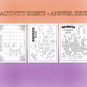 May include: Three black and white printable Halloween activity sheets. The first sheet is a connect-the-dots activity to draw a haunted house. The second sheet is a spider web grid with a spider in the centre. The third sheet is a crossword puzzle with the word "HALLOWEEN" at the top and a word bank with Halloween-themed words.