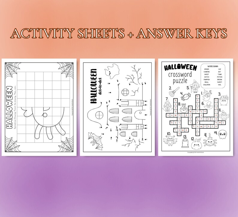 May include: Three black and white printable Halloween activity sheets. The first sheet is a connect-the-dots activity to draw a haunted house. The second sheet is a spider web grid with a spider in the centre. The third sheet is a crossword puzzle with the word "HALLOWEEN" at the top and a word bank with Halloween-themed words.