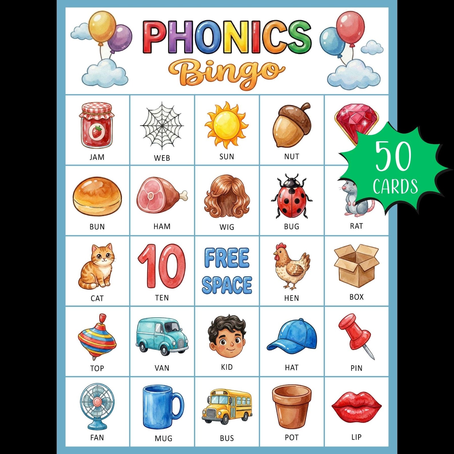 Phonics Bingo Game Printable; CVC Worksheets; Kindergarten Literacy