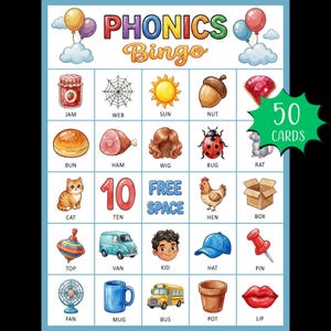 May include: A brightly coloured "Phonics Bingo" game card with illustrations and words. Images include a cat, sun, and a ladybug. The card has the text "50 CARDS" in a green starburst.