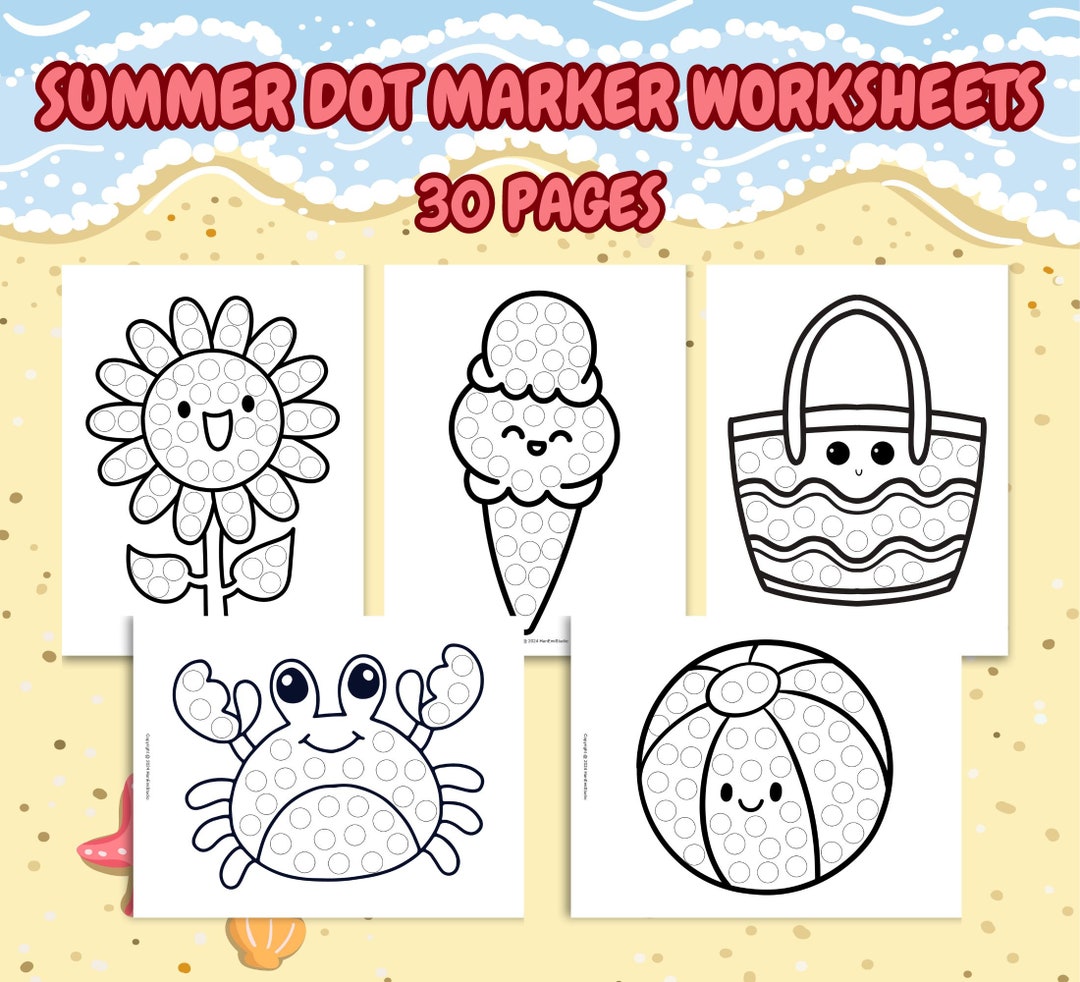 30page Summer Dot Marker Worksheets for Kids; Summer Doadot
