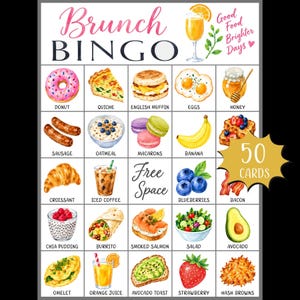 May include: A Brunch Bingo game card featuring a grid of watercolour food illustrations including a doughnut, quiche, English muffin, eggs, honey, sausage, oatmeal, macarons, banana, croissant, iced coffee, blueberries, bacon, chia pudding, burrito, smoked salmon, salad, avocado, omelette, orange juice, avocado toast, strawberry, and hash browns, with the text 50 CARDS.