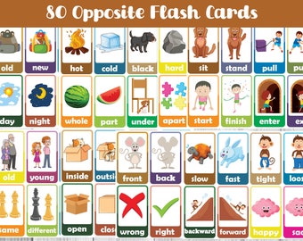 80 Opposite Flash Cards; Learn Opposites; Opposite Worksheet; Homeschool Worksheet; Kindergarten Worksheet; Clip Cards; Matching Opposites