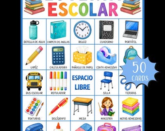 Jogo de Loteria Escolar para Imprimir; Bingo Escolar em Espanhol; Jogo de Vocabulário em Espanhol para Volta às Aulas; Jogo de Bingo em Espanhol para Imprimir; Loteria Escolar
