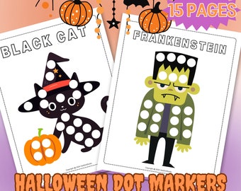 15 Halloween Dot Marker Worksheets for Kids; Dot a Dot Page; Halloween Activity for Kids; Preschool Coloring; Halloween Coloring Pages