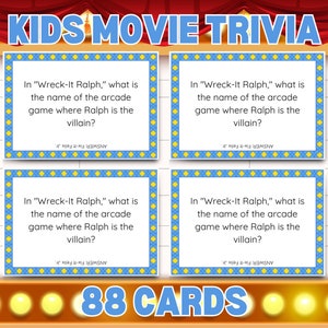 88 tarjetas de trivia de películas para niños; Noche de juegos en familia; Juego de trivia para niños; Actividades de viaje; Noches de juegos en familia; Preguntas de trivia para niños