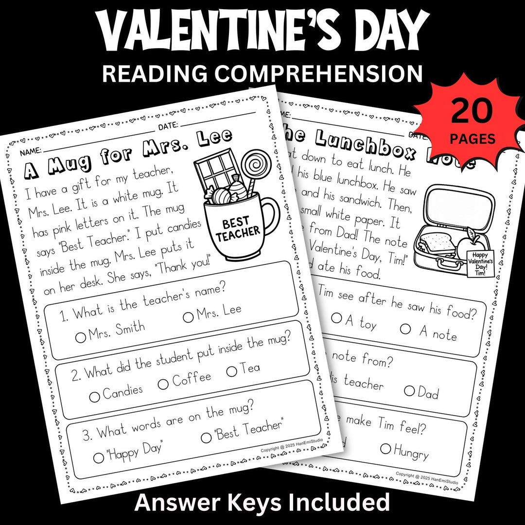 Valentine’s Day Reading Comprehension Worksheet; 1st – 2nd Grade ...
