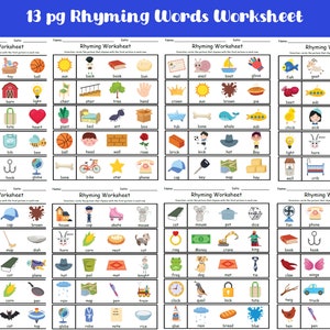 13 ページの韻を踏むワークシート、韻を踏む練習シート、就学前ワークシート、フォニックスワークシート、韻を踏むクリップカード、韻を踏むフラッシュカード