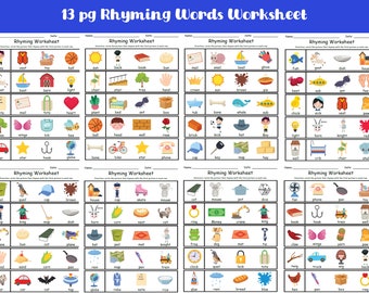13 Page Rhyming WordsWorksheet, Rhyming Practice, Pre-K learning, phonic awareness, homeschool worksheet