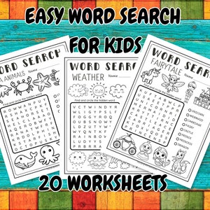 May include: A set of 20 printable worksheets for kids featuring word search puzzles. The puzzles are themed around sea animals, weather, and fairytales. Each puzzle has a black and white illustration and a grid of letters with words to find.