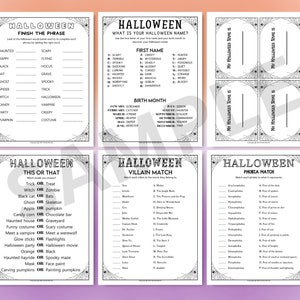 May include: Black and white printable Halloween game cards with a spiderweb design. The cards include games like "Finish the Phrase", "What is your Halloween Name?", "This or That", "Villain Match", and "Phobia Match".