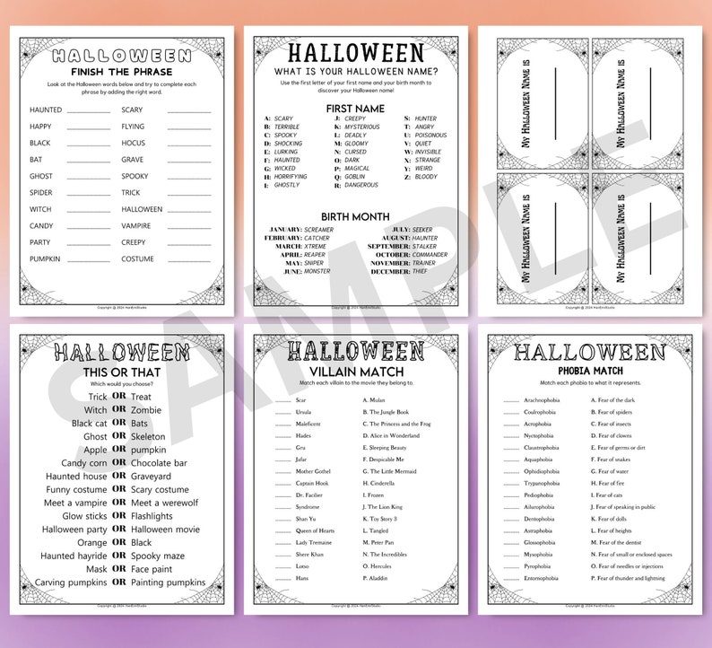 May include: Black and white printable Halloween game cards with a spiderweb design. The cards include games like "Finish the Phrase", "What is your Halloween Name?", "This or That", "Villain Match", and "Phobia Match".