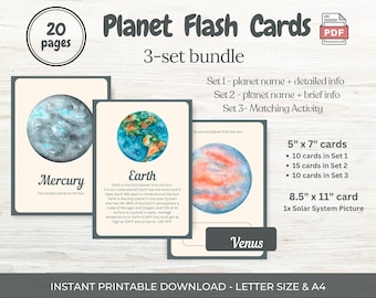 35 planeet- en zonnestelsel-flashkaarten; Planeten-flashcards; Flashcards van het zonnestelsel; afdrukbare flashcards; leren bindmiddel; Bezige map