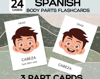 24 fiches-éclair sur les parties du corps en ESPAGNOL ; Cartes pédagogiques bilingues pour enfants, cartes mémoire Montessori, cartes mémoire ESL, cartes mémoire anglais espagnol