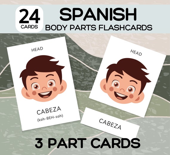 24 SPANISH Body Parts Flashcards; Bilingual Learning Cards for Kids, Montessori Flashcards, ESL Flashcards, English Spanish Flashcards