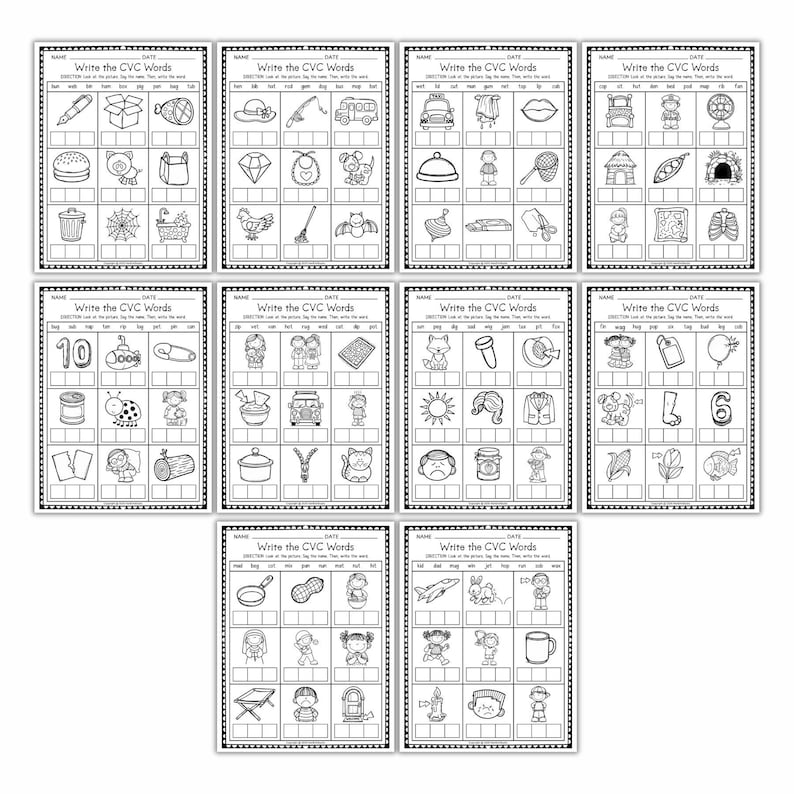 May include: A collection of ten black and white worksheets for early literacy. Each worksheet features a grid with images and lines for writing CVC words. The top of each sheet reads "Write the CVC Words".
