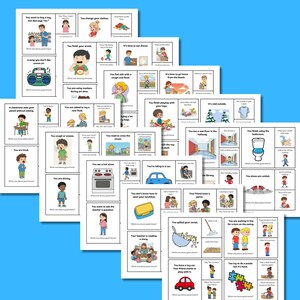 May include: A collection of educational cards with colorful illustrations and text. Each card depicts a different scenario, such as eating, playing, or going outside. The cards are designed to teach children about making good choices.